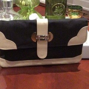 Vintage black linen and beige leather clutch